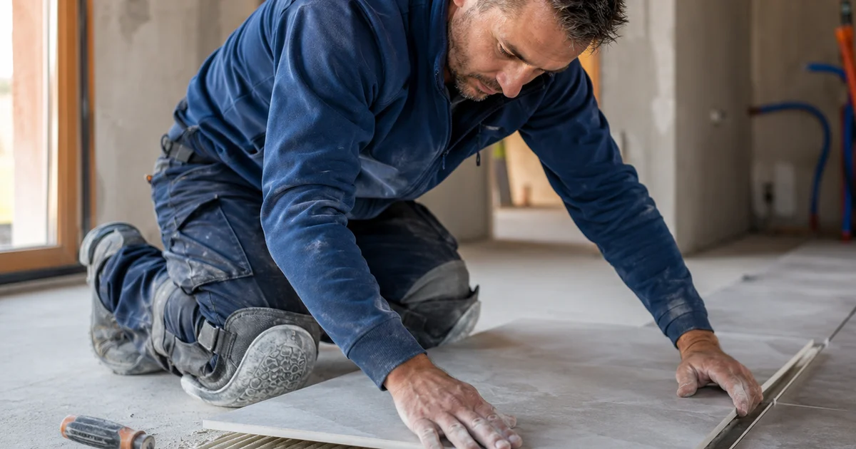 Carreleur artisan posant du carrelage sur un chantier BTP