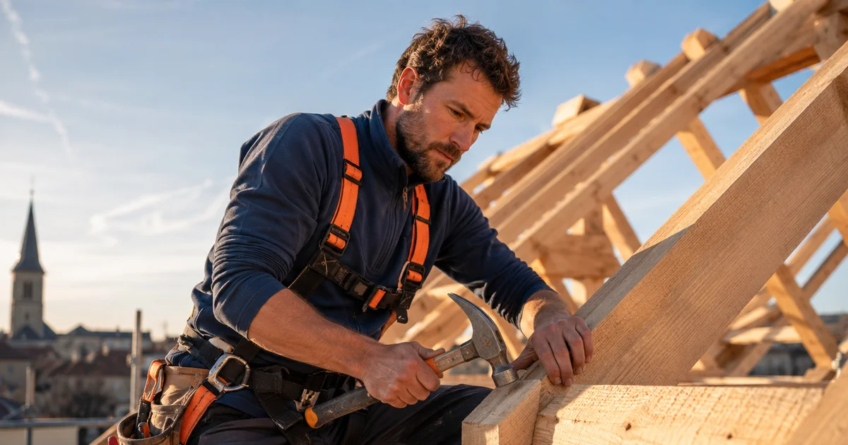 Charpentier artisan assemblant une charpente en bois sur chantier