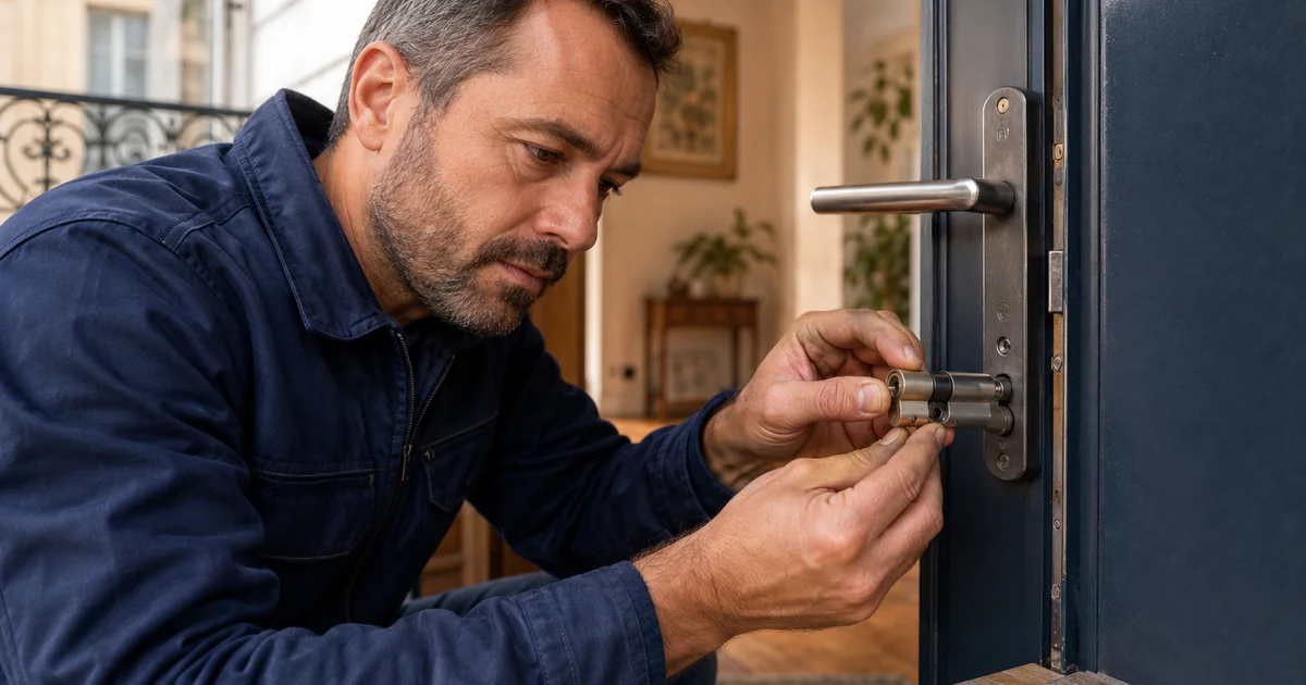 Serrurier artisan remplaçant une serrure sur une porte d'entrée