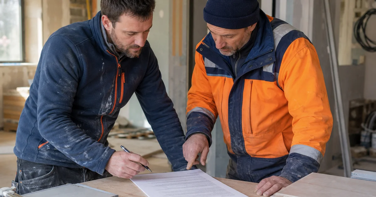 Deux artisans BTP relisant ensemble un contrat de sous-traitance sur un chantier en cours